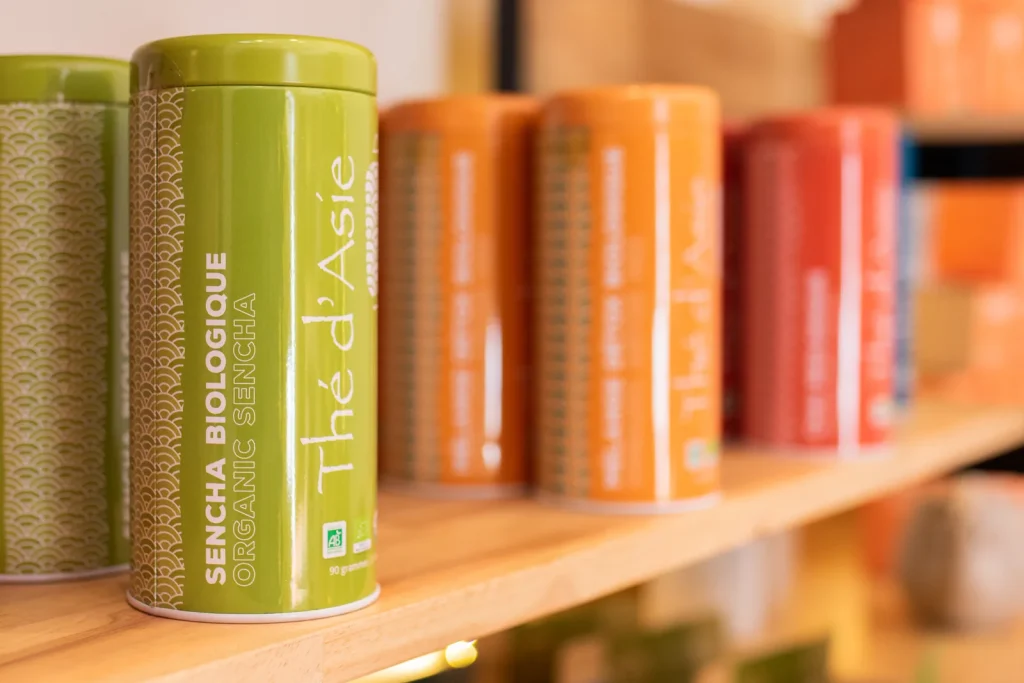 Inside a KHLA shop in Cambodia, shelves of Kampot peppers, salts and teas