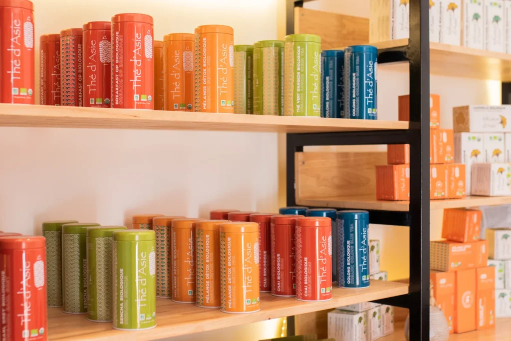 KHLA shop shelves, Kampot peppers, salts and teas