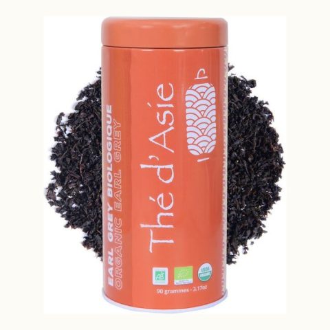 Organic Earl Grey black tea in its premium metal tin