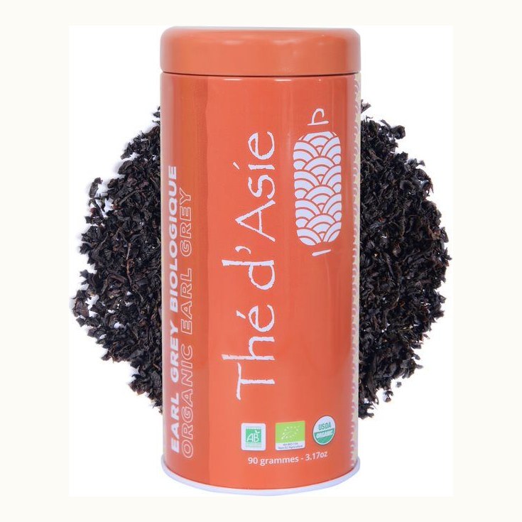 Organic Earl Grey black tea in its premium metal tin