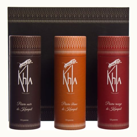 Gift box of three Kampot pepper tubes, black, white and red