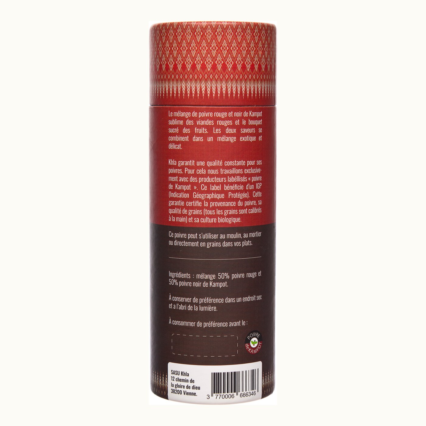 Organic black and red Kampot pepper, 120 g tube