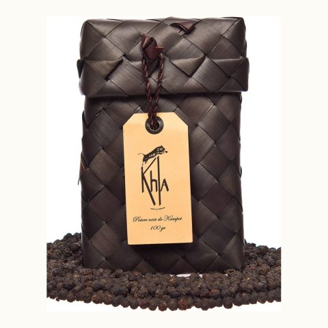 Organic black Kampot pepper PGI, 100 g palm leaf box