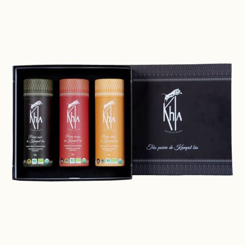 Box of three organic Kampot peppers PGI, 120 g tubes