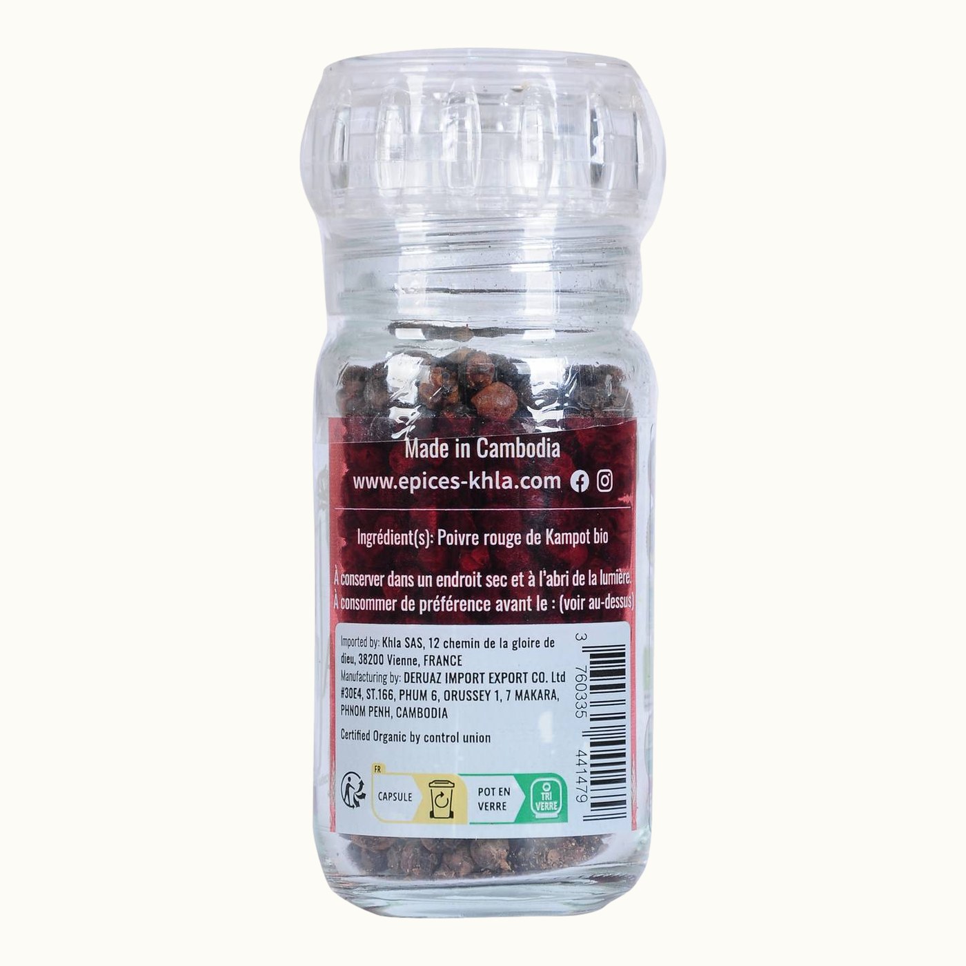 Organic red Kampot pepper PGI, 45 g mill refill