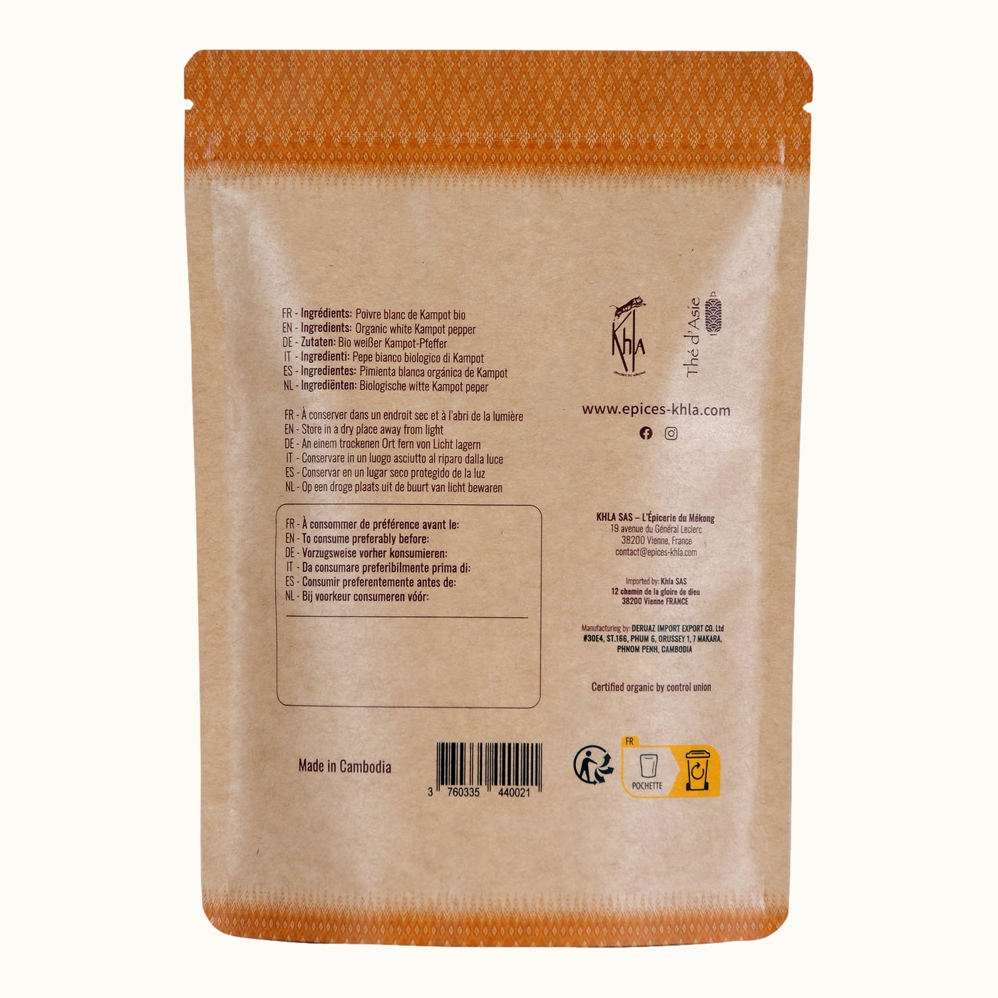 Organic white Kampot pepper PGI, 200 g kraft bag