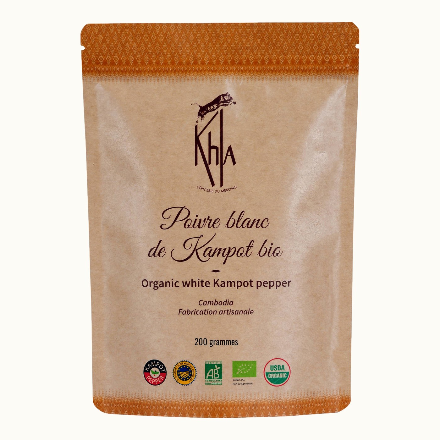 Organic white Kampot pepper PGI, 200 g kraft bag