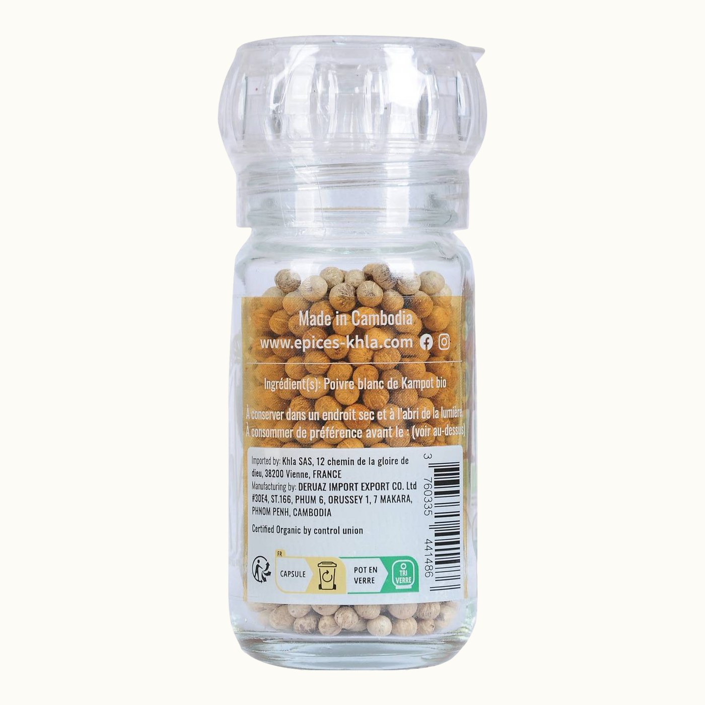 Organic white Kampot pepper PGI, 45 g mill refill