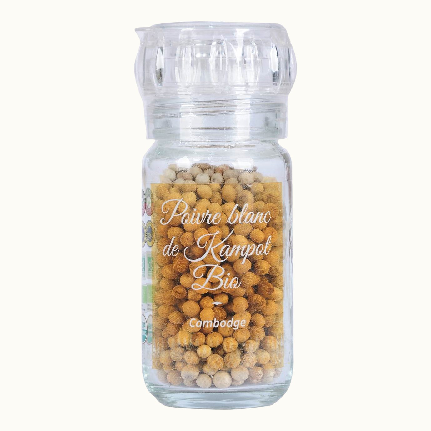 Organic white Kampot pepper PGI, 45 g mill refill