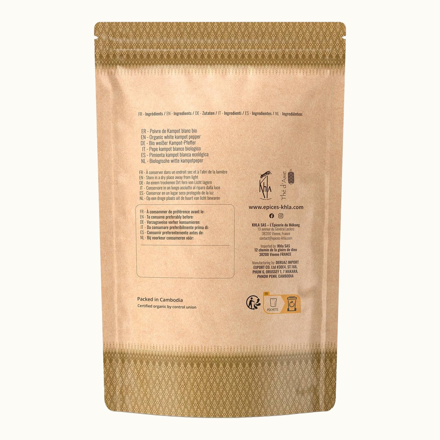 Organic white Kampot pepper PGI, 500 g kraft bag