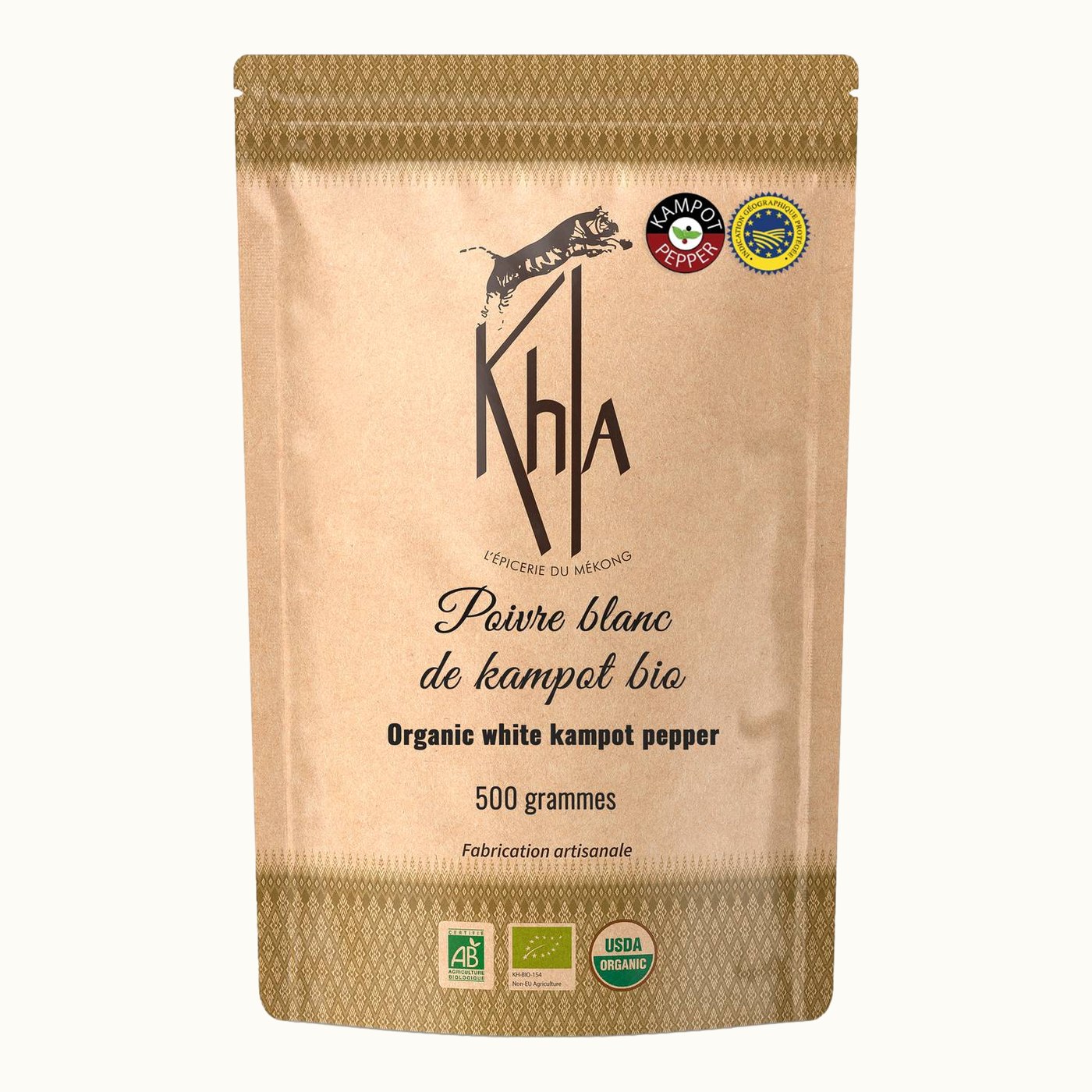 Organic white Kampot pepper PGI, 500 g kraft bag