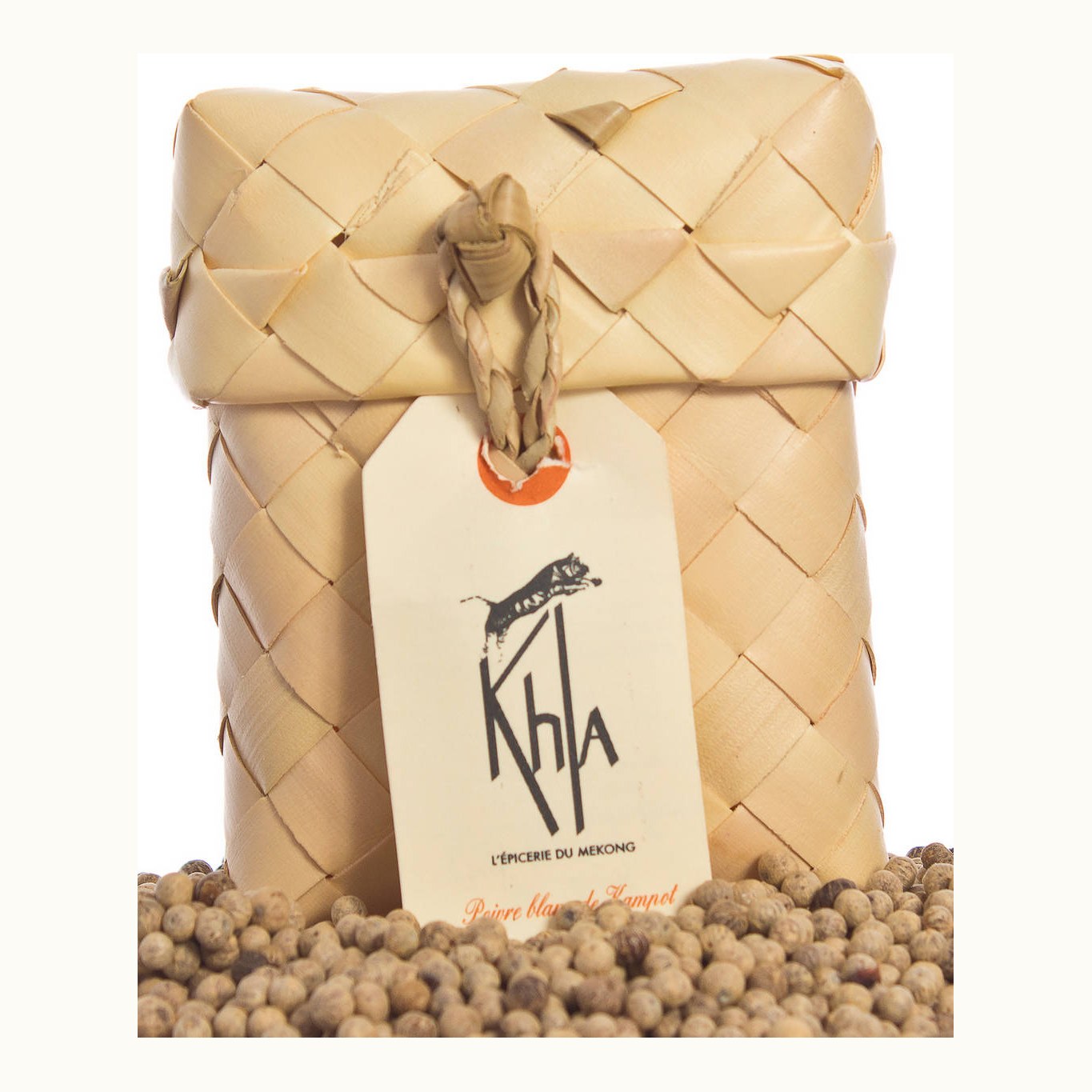 Organic white Kampot pepper PGI, 50 g palm leaf box
