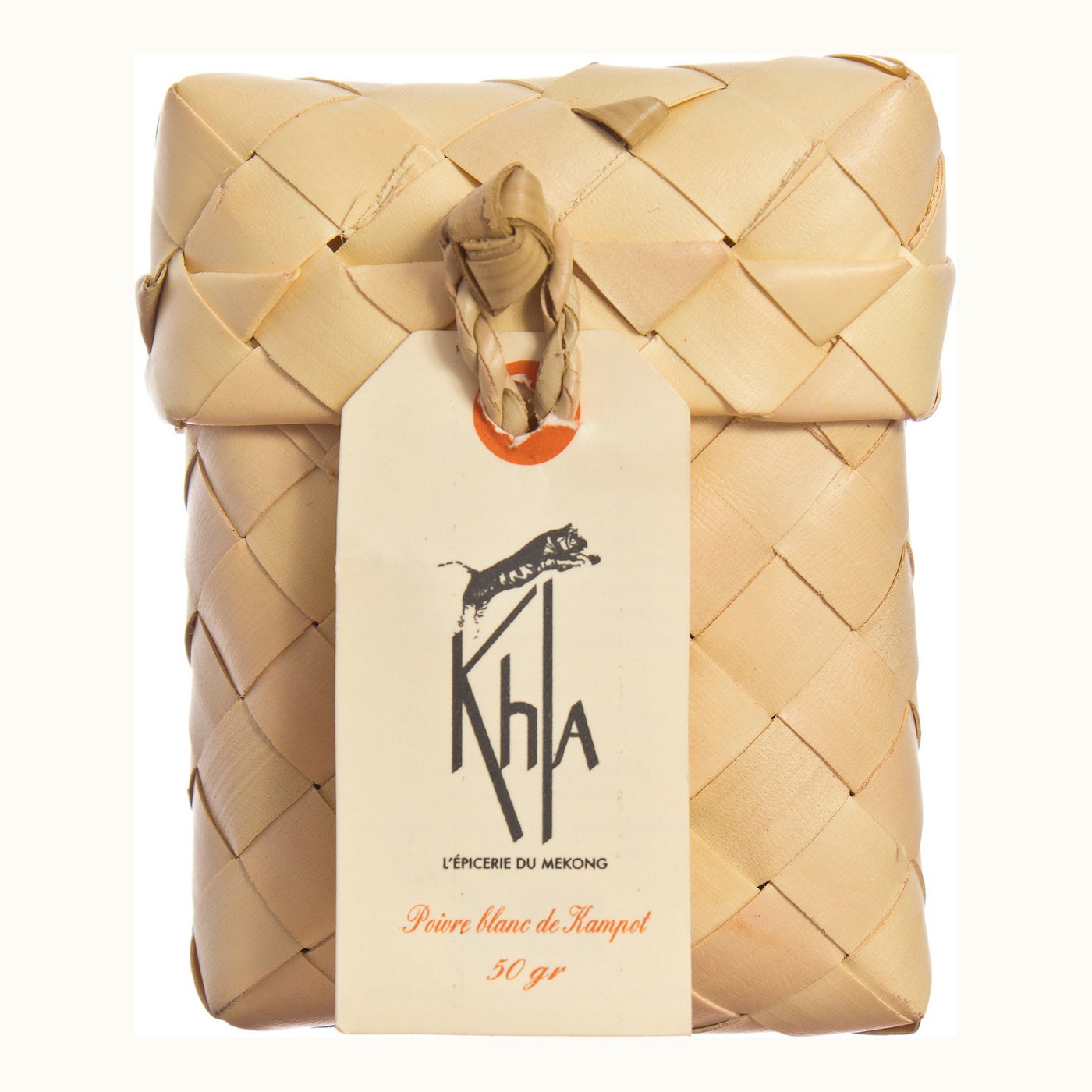Organic white Kampot pepper PGI, 50 g palm leaf box