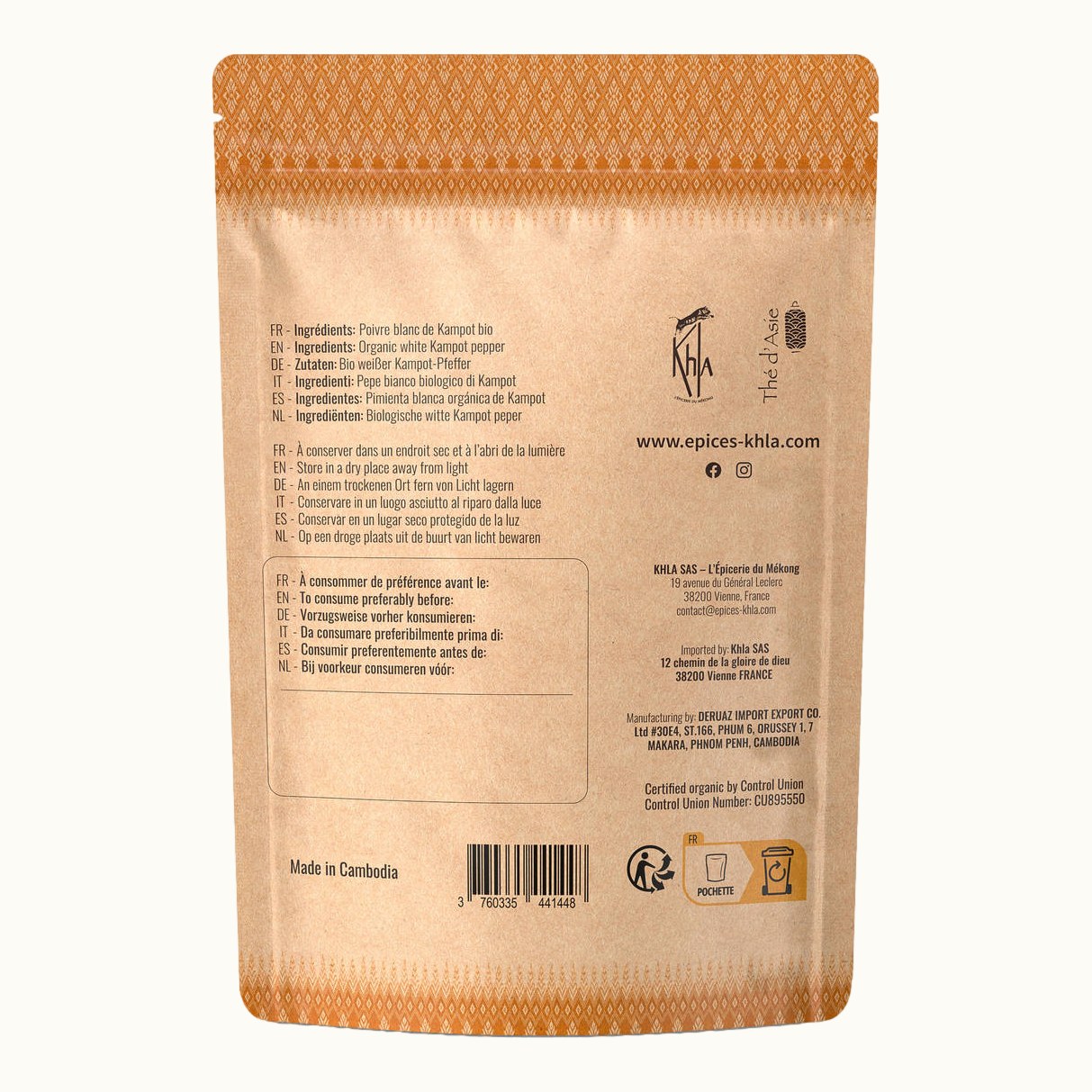 Organic white Kampot pepper PGI, 70 g kraft bag