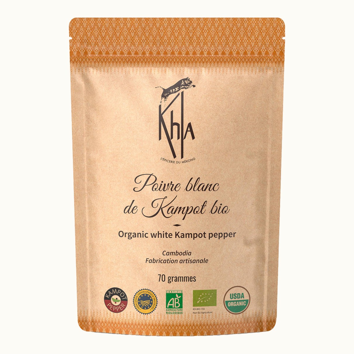 Organic white Kampot pepper PGI, 70 g kraft bag
